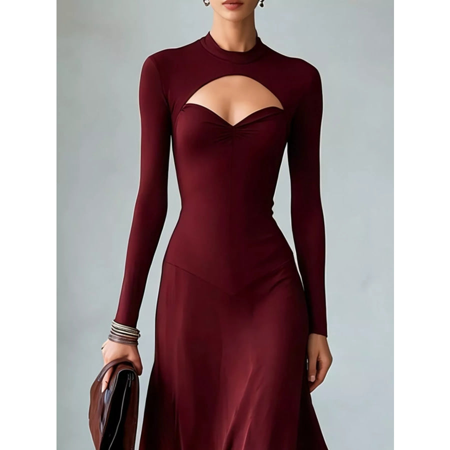 Full Size Mock Neck Cut-Out Long Sleeve Midi Dress Plus Apparel and Accessories