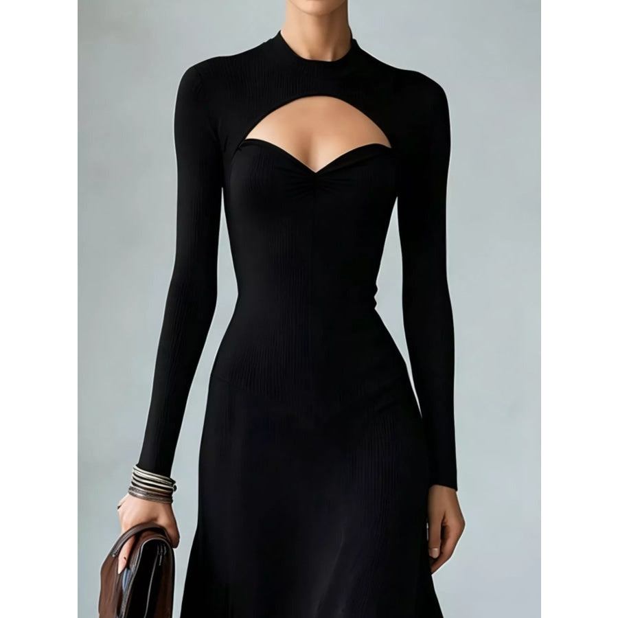 Full Size Mock Neck Cut-Out Long Sleeve Midi Dress Plus Apparel and Accessories