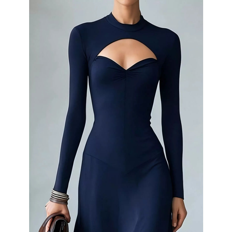 Full Size Mock Neck Cut-Out Long Sleeve Midi Dress Plus Apparel and Accessories