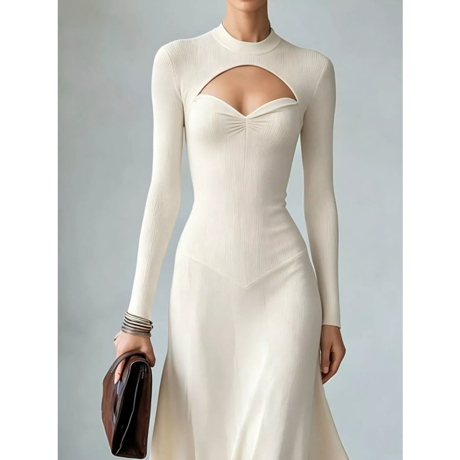 Full Size Mock Neck Cut-Out Long Sleeve Midi Dress Plus Apparel and Accessories