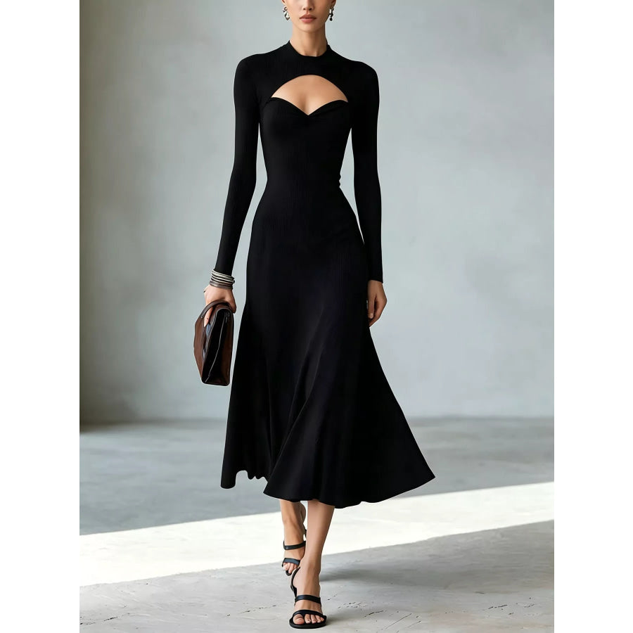 Full Size Mock Neck Cut-Out Long Sleeve Midi Dress Plus Black / S Apparel and Accessories