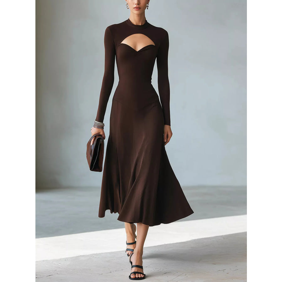 Full Size Mock Neck Cut-Out Long Sleeve Midi Dress Plus Dark Brown / S Apparel and Accessories