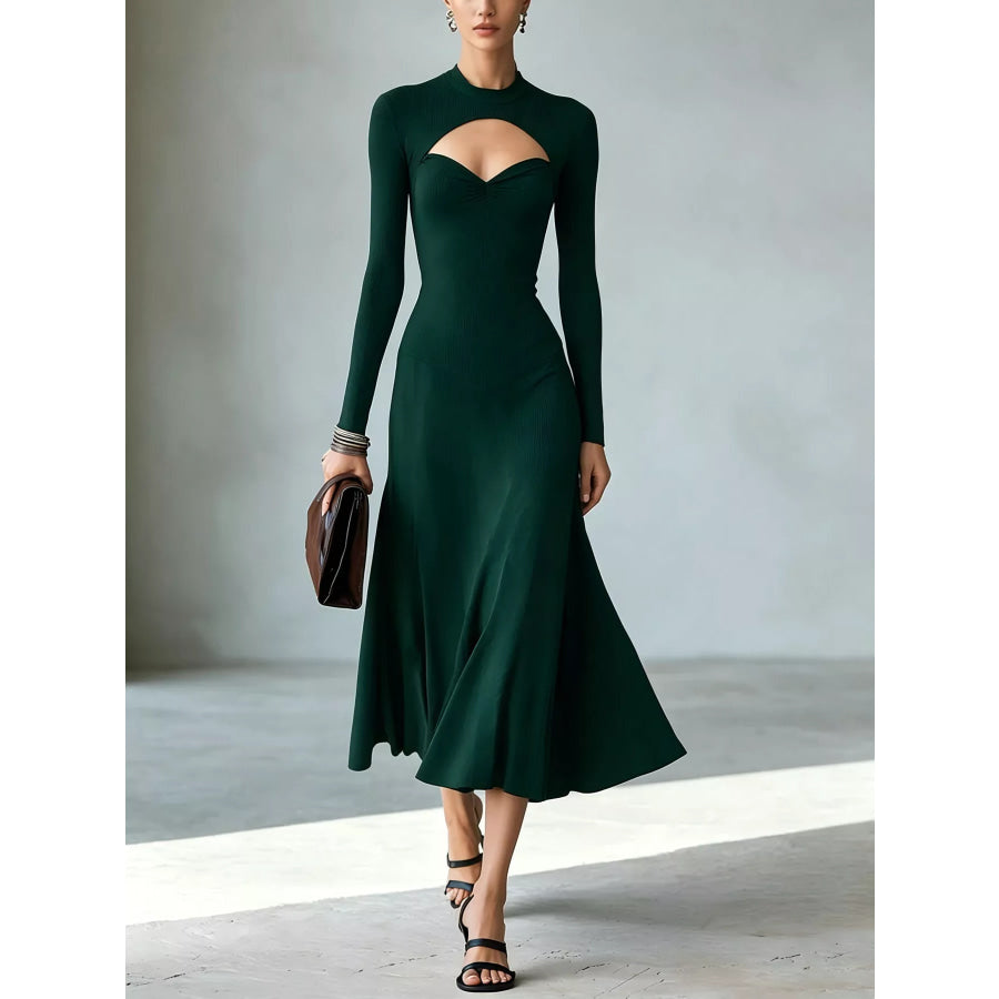 Full Size Mock Neck Cut-Out Long Sleeve Midi Dress Plus Dark Green / S Apparel and Accessories