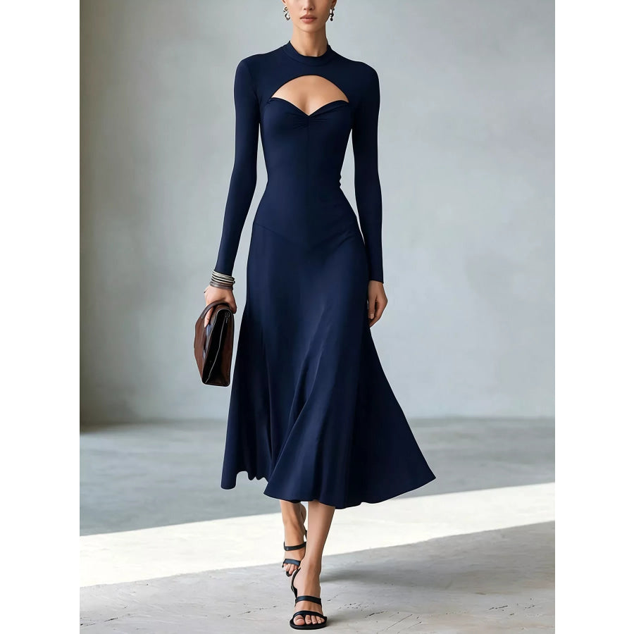 Full Size Mock Neck Cut-Out Long Sleeve Midi Dress Plus Navy / S Apparel and Accessories