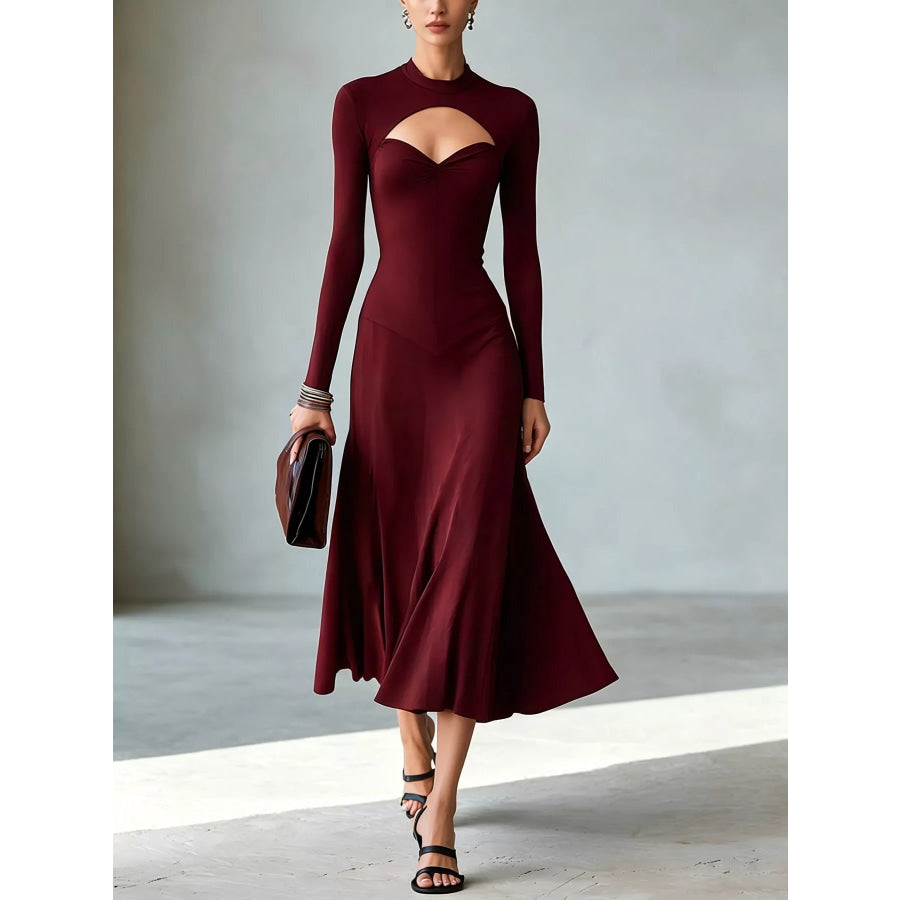Full Size Mock Neck Cut-Out Long Sleeve Midi Dress Plus Red / S Apparel and Accessories