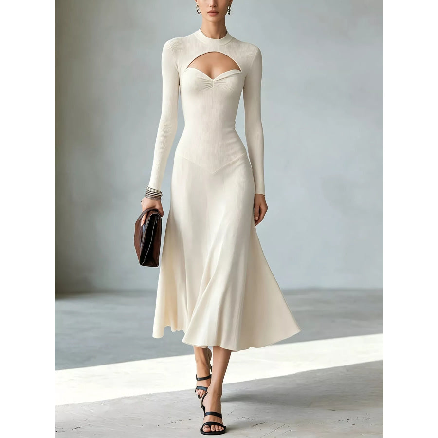 Full Size Mock Neck Cut-Out Long Sleeve Midi Dress Plus White / S Apparel and Accessories