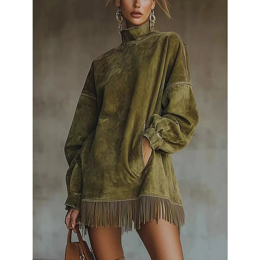 Full Size Mock Neck Fringed Hem Long Sleeve Mini Dress Plus Apparel and Accessories