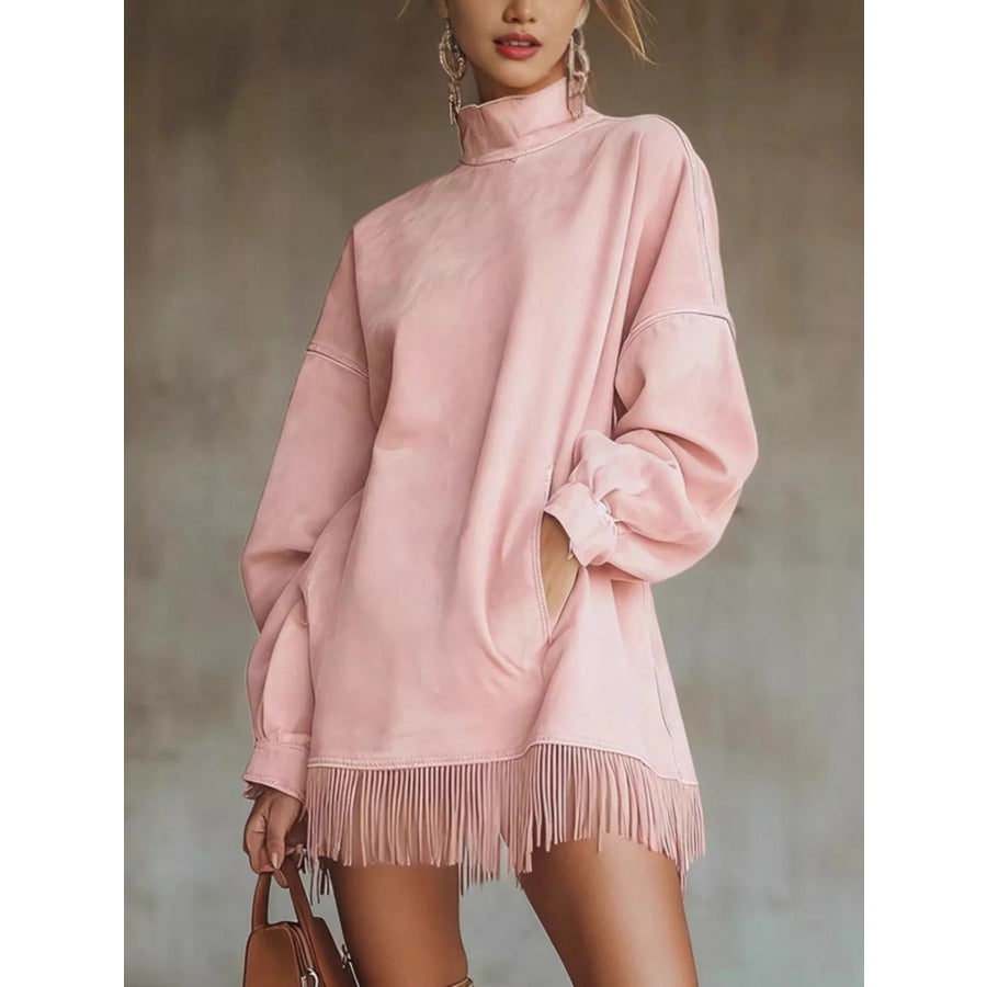 Full Size Mock Neck Fringed Hem Long Sleeve Mini Dress Plus Apparel and Accessories