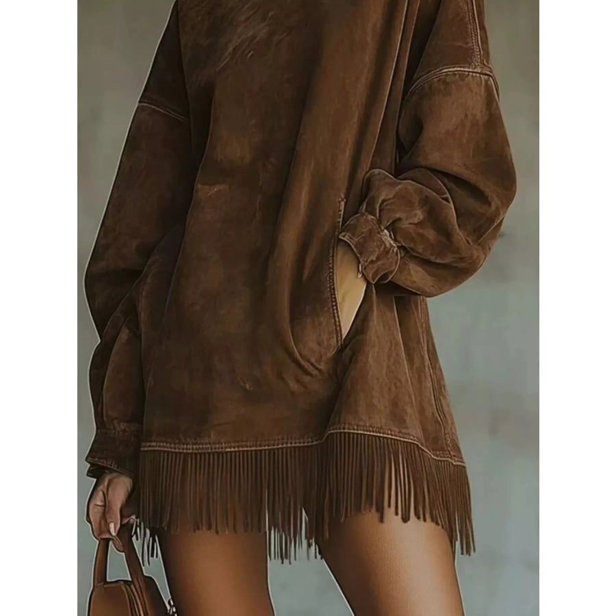 Full Size Mock Neck Fringed Hem Long Sleeve Mini Dress Plus Dark Brown / XS Apparel and Accessories