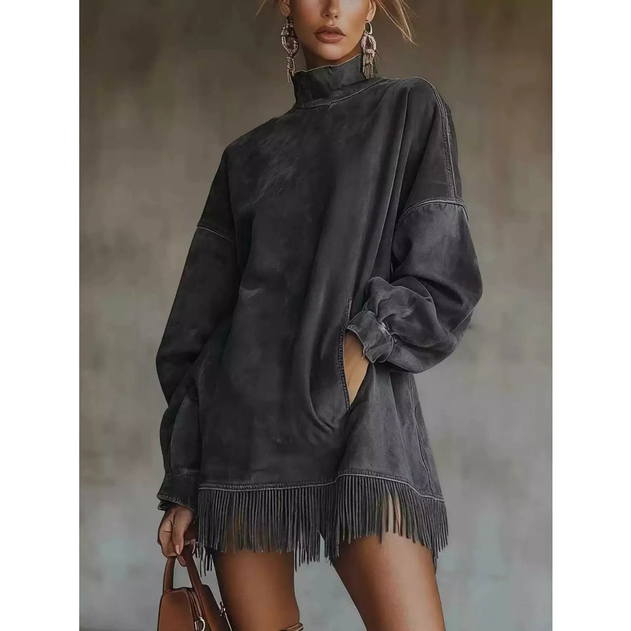 Full Size Mock Neck Fringed Hem Long Sleeve Mini Dress Plus Dark Gray / XS Apparel and Accessories