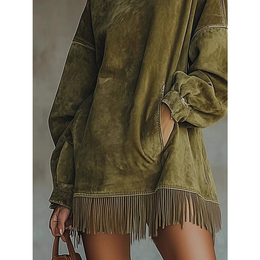 Full Size Mock Neck Fringed Hem Long Sleeve Mini Dress Plus Green / XS Apparel and Accessories