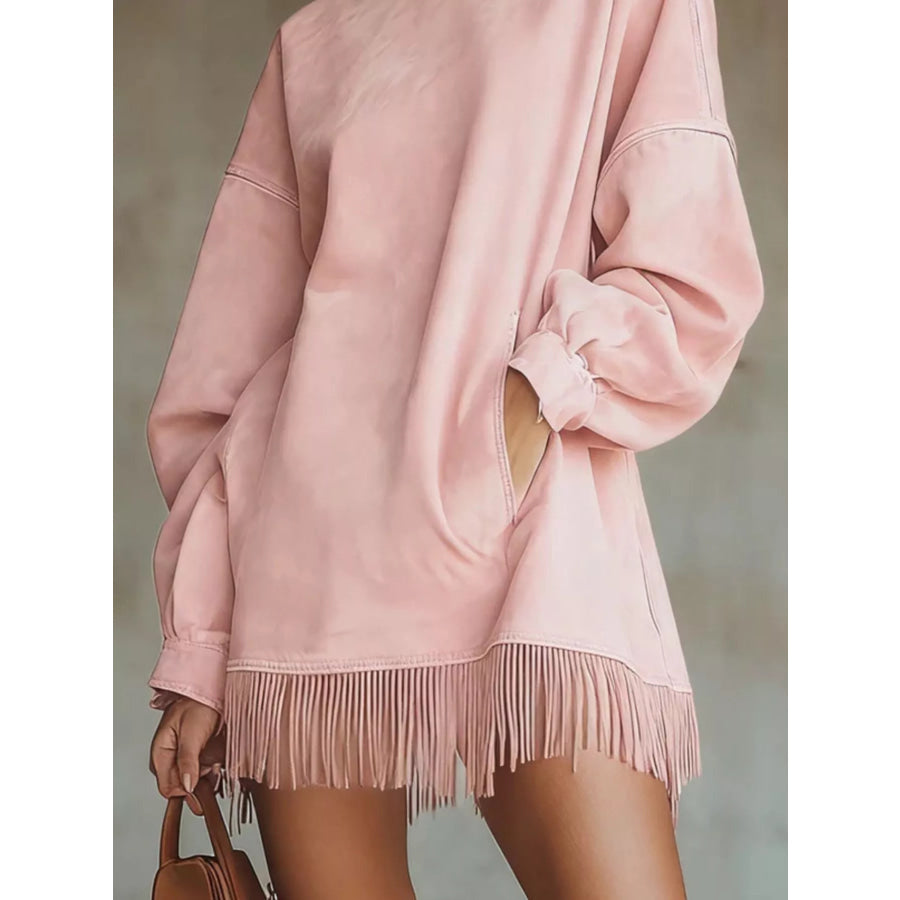 Full Size Mock Neck Fringed Hem Long Sleeve Mini Dress Plus Apparel and Accessories