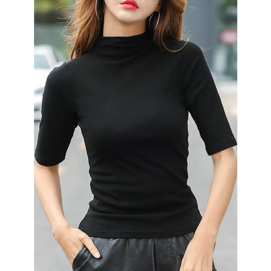 Full Size Mock Neck Half Sleeve T-Shirt Plus Black / S Apparel and Accessories