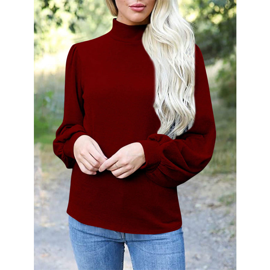 Full Size Mock Neck Long Sleeve T-Shirt Burgundy / S Apparel and Accessories