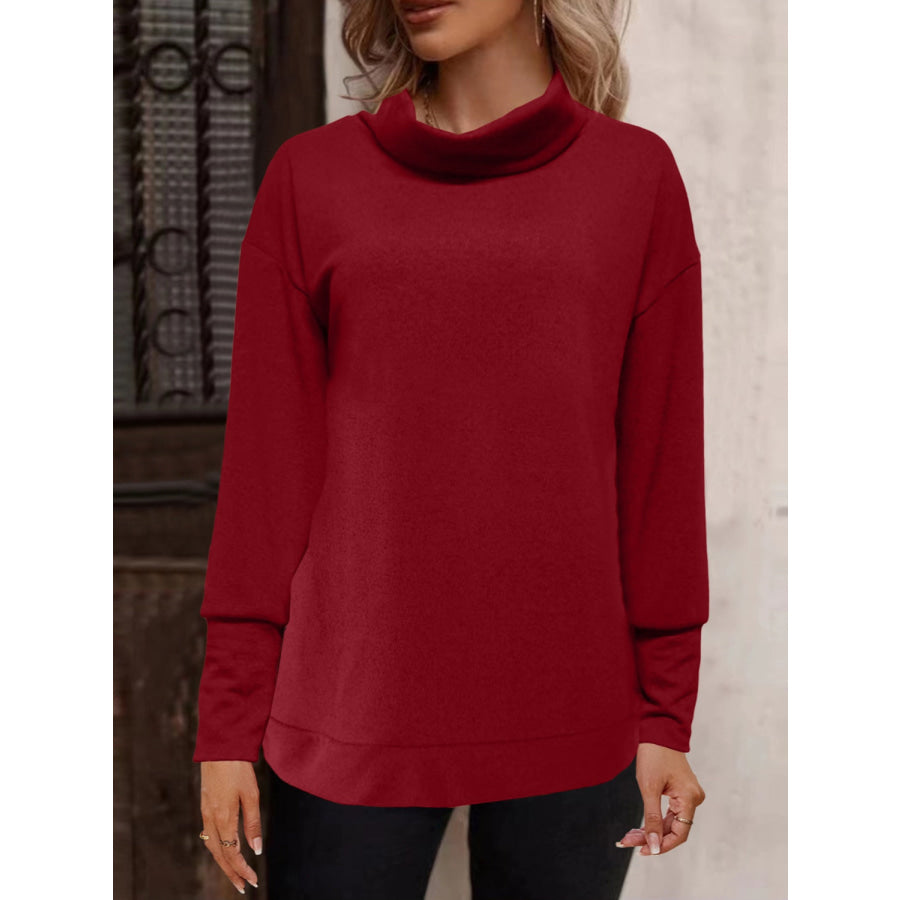 Full Size Mock Neck Long Sleeve T-Shirt Burgundy / S Apparel and Accessories