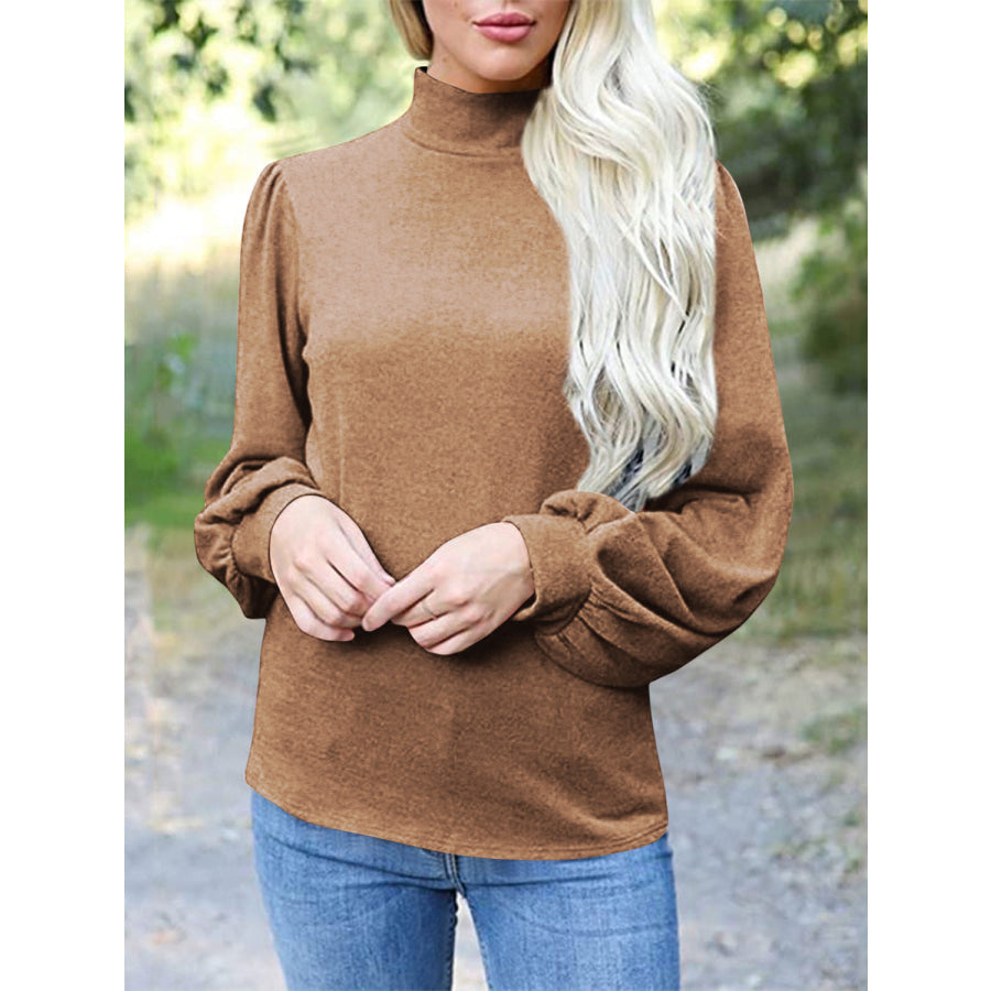 Full Size Mock Neck Long Sleeve T-Shirt Camel / S Apparel and Accessories