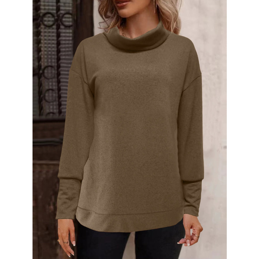 Full Size Mock Neck Long Sleeve T-Shirt Olive Brown / S Apparel and Accessories