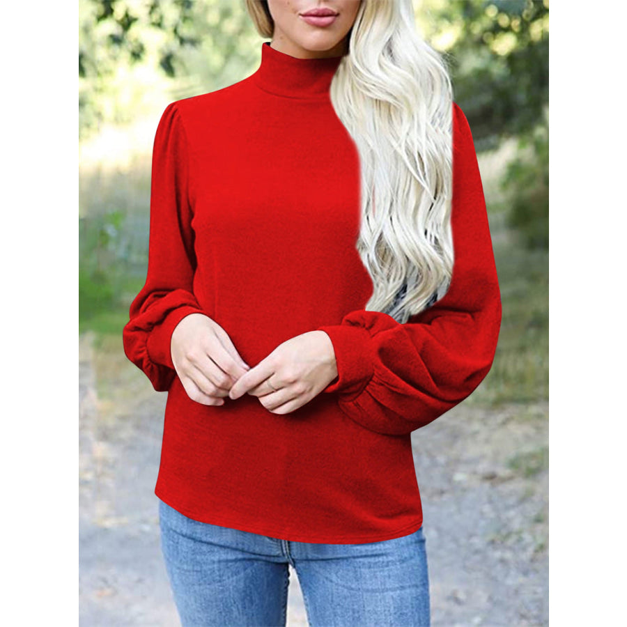 Full Size Mock Neck Long Sleeve T-Shirt Orange-Red / S Apparel and Accessories