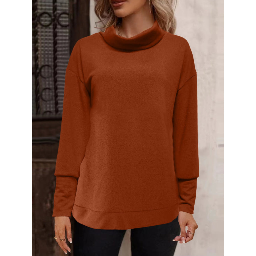 Full Size Mock Neck Long Sleeve T-Shirt Orange-Red / S Apparel and Accessories