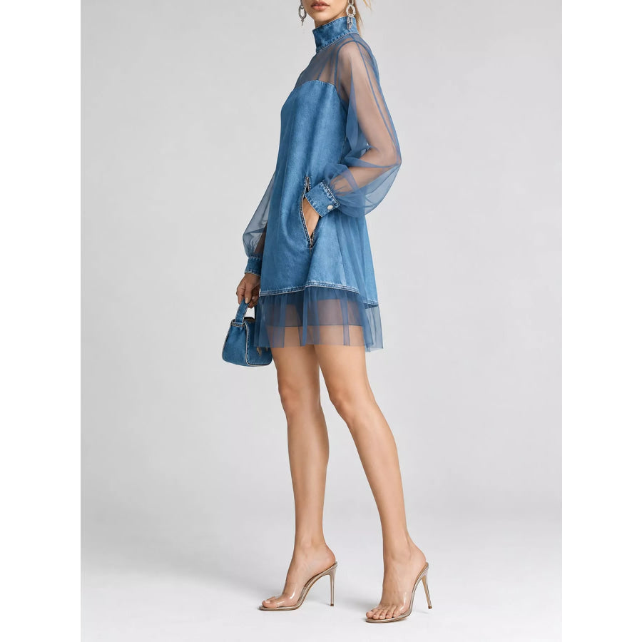 Full Size Mock Neck Sheer Mesh Patchwork Denim Dress Plus Apparel and Accessories