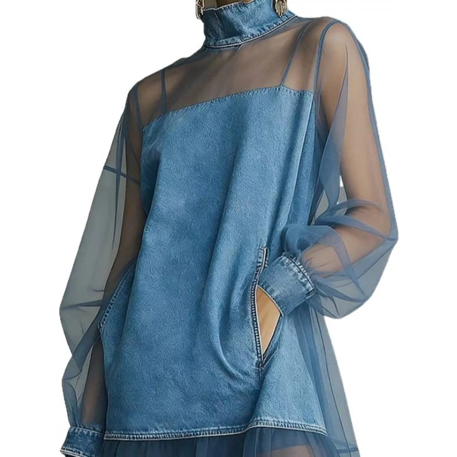 Full Size Mock Neck Sheer Mesh Patchwork Denim Dress Plus / S Apparel and Accessories