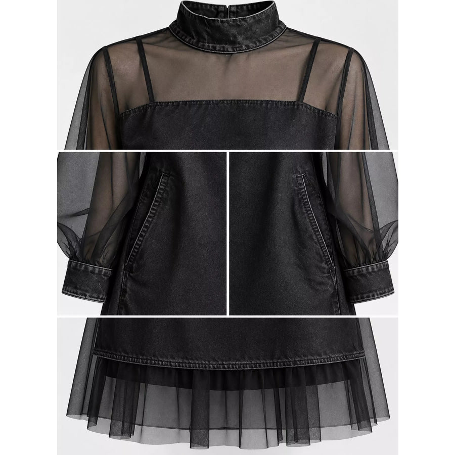Full Size Mock Neck Sheer Mesh Patchwork Denim Dress Plus Apparel and Accessories