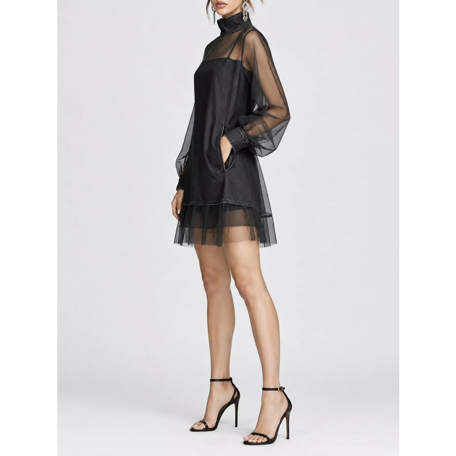 Full Size Mock Neck Sheer Mesh Patchwork Denim Dress Plus Apparel and Accessories