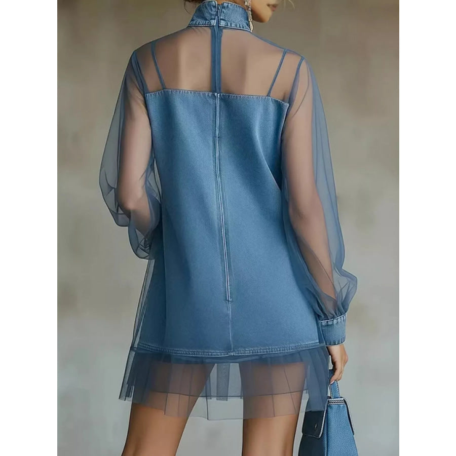 Full Size Mock Neck Sheer Mesh Patchwork Denim Dress Plus Apparel and Accessories