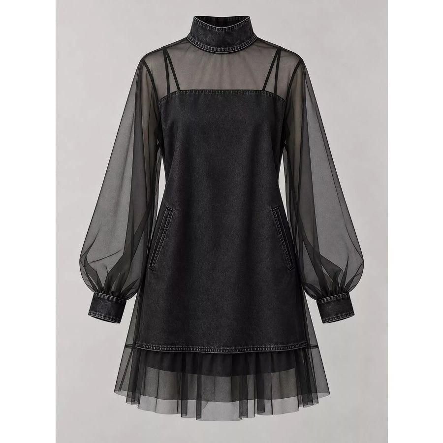 Full Size Mock Neck Sheer Mesh Patchwork Denim Dress Plus Apparel and Accessories