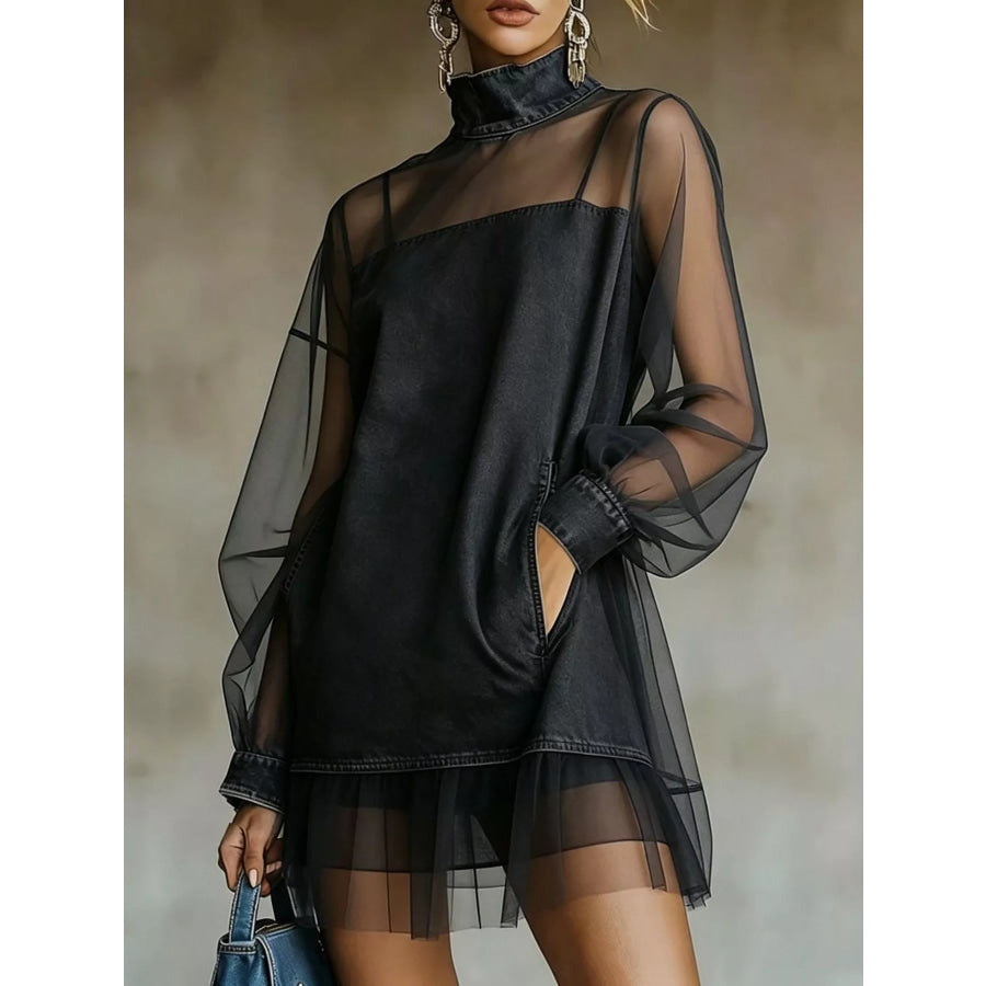 Full Size Mock Neck Sheer Mesh Patchwork Denim Dress Plus Black / S Apparel and Accessories