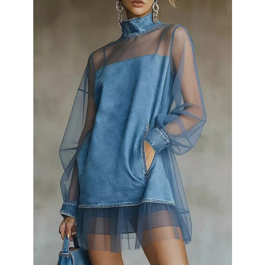 Full Size Mock Neck Sheer Mesh Patchwork Denim Dress Plus / S Apparel and Accessories