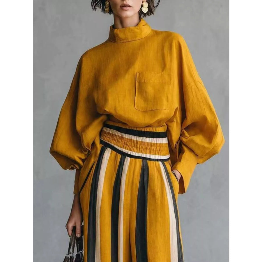 Full Size Mock Neck Top and Striped Wide-Leg Pants Set Plus Apparel Accessories
