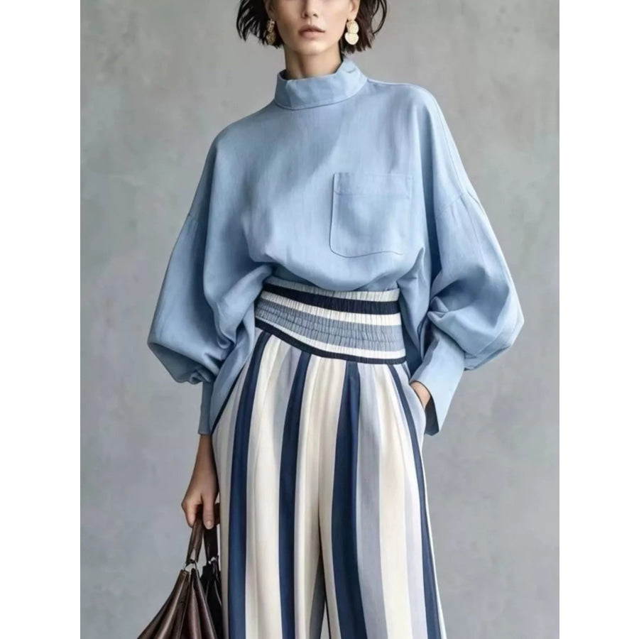 Full Size Mock Neck Top and Striped Wide-Leg Pants Set Plus Apparel Accessories