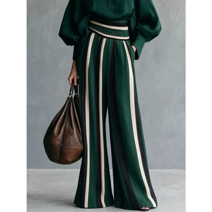 Full Size Mock Neck Top and Striped Wide-Leg Pants Set Plus Apparel Accessories