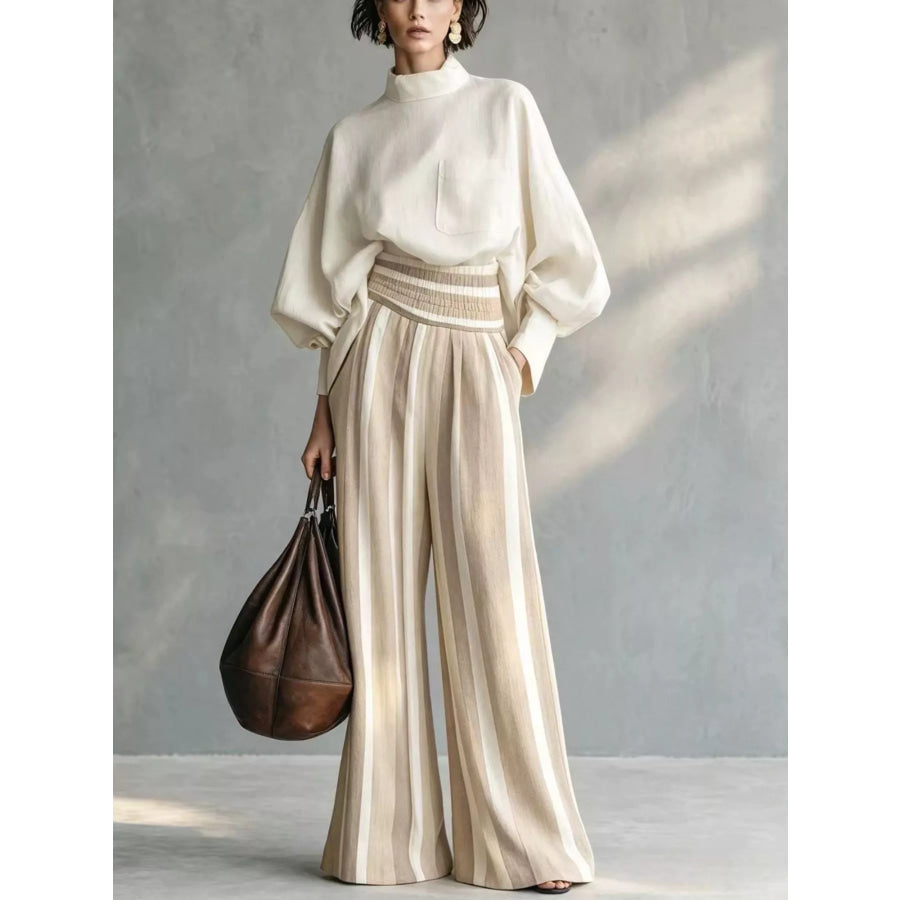 Full Size Mock Neck Top and Striped Wide-Leg Pants Set Plus Beige / S Apparel Accessories