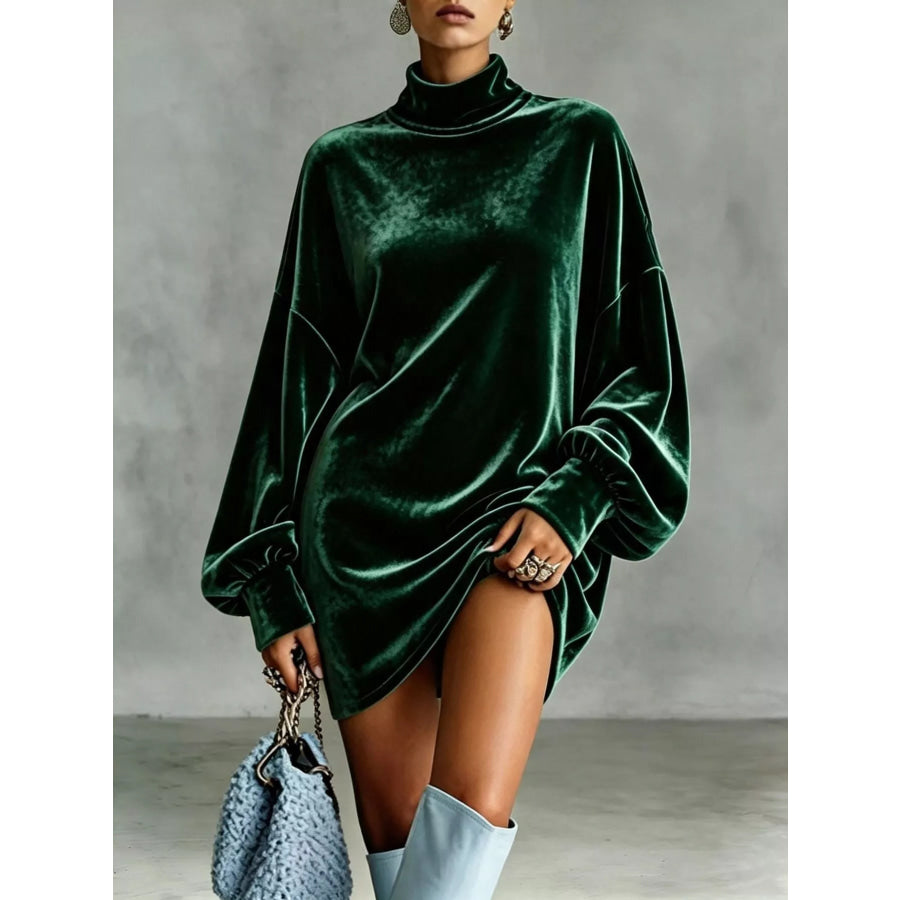 Full Size Mock Neck Velvet Mini Dress Plus Dark Green / S Apparel and Accessories