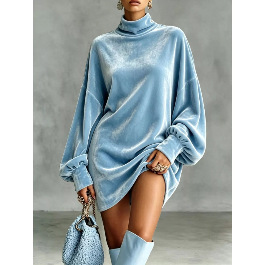Full Size Mock Neck Velvet Mini Dress Plus Sky Blue / S Apparel and Accessories