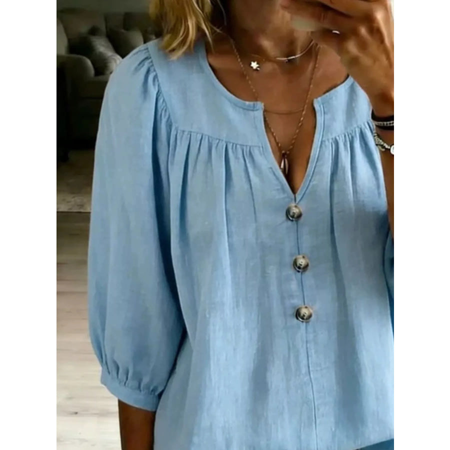 Full Size Notched 3/4 Sleeve Blouse Plus Size Apparel and Accessories