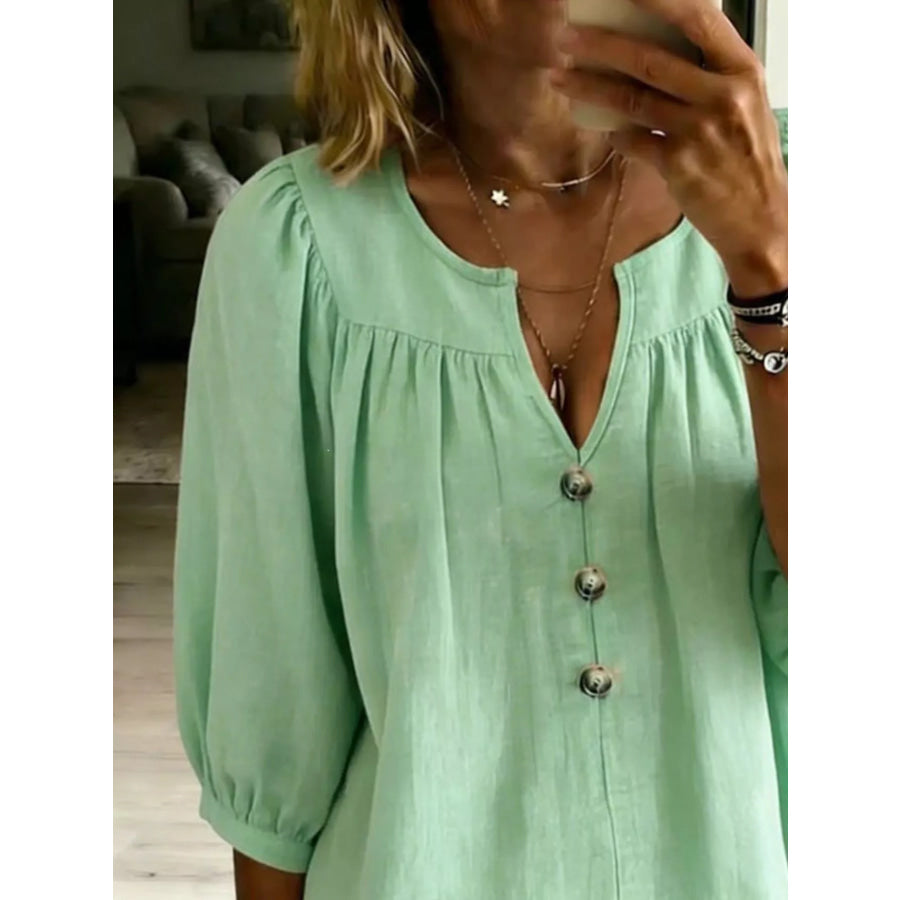 Full Size Notched 3/4 Sleeve Blouse Plus Size Apparel and Accessories