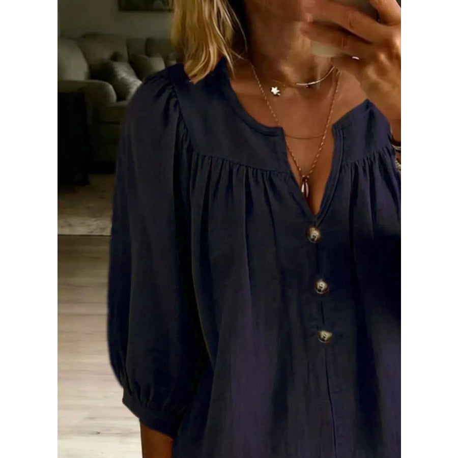 Full Size Notched 3/4 Sleeve Blouse Plus Size Apparel and Accessories