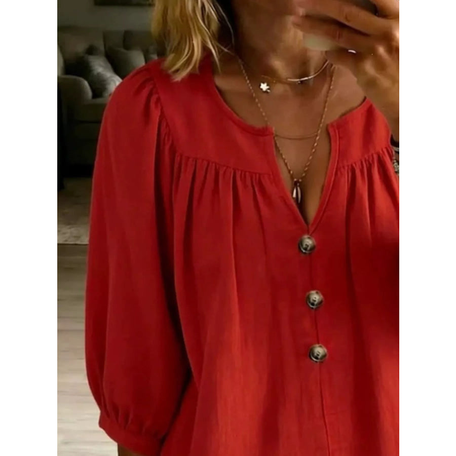 Full Size Notched 3/4 Sleeve Blouse Plus Size Apparel and Accessories