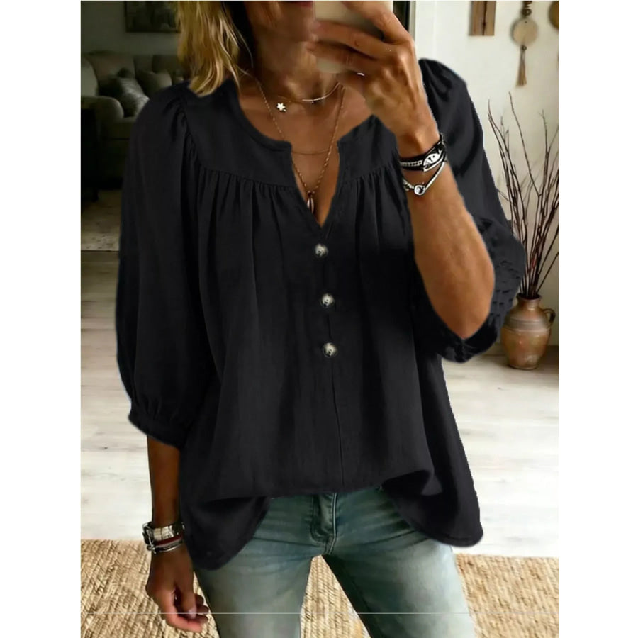 Full Size Notched 3/4 Sleeve Blouse Plus Size Black / S Apparel and Accessories