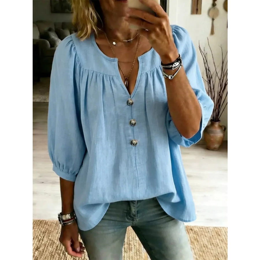 Full Size Notched 3/4 Sleeve Blouse Plus Size Blue / S Apparel and Accessories