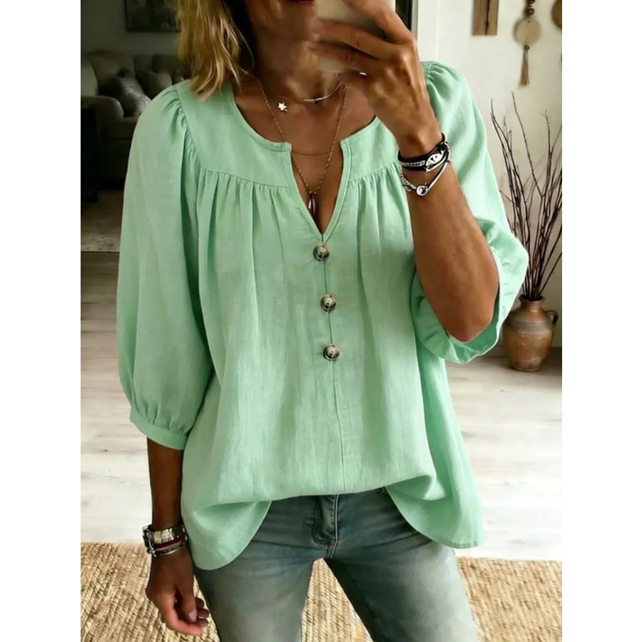 Full Size Notched 3/4 Sleeve Blouse Plus Size Green / S Apparel and Accessories