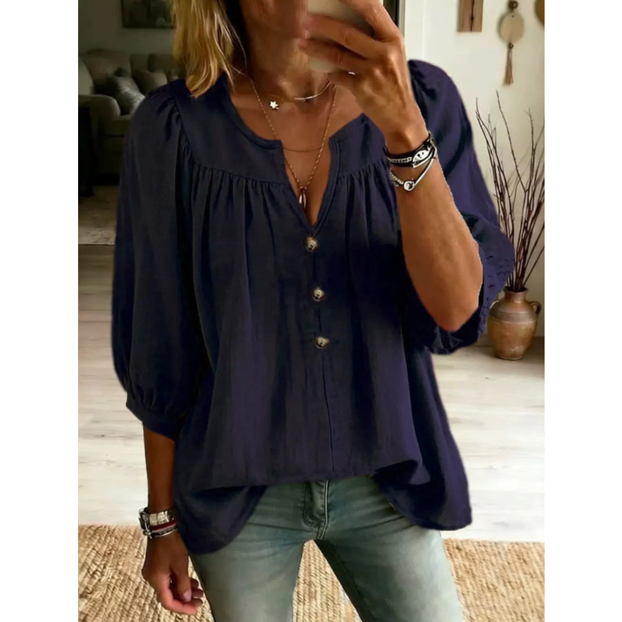 Full Size Notched 3/4 Sleeve Blouse Plus Size Navy Blue / S Apparel and Accessories