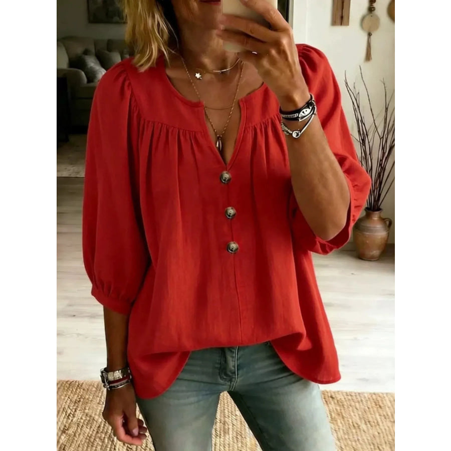 Full Size Notched 3/4 Sleeve Blouse Plus Size Red / S Apparel and Accessories