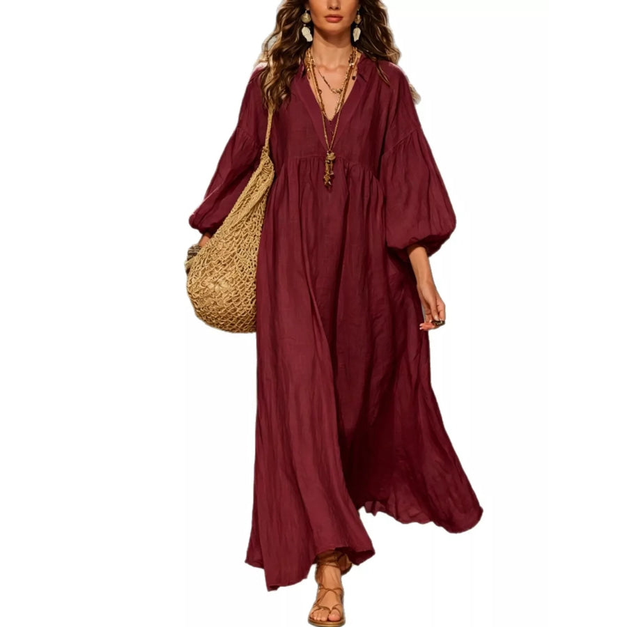 Full Size Notched 3/4 Sleeve Maxi Dress Plus Apparel and Accessories