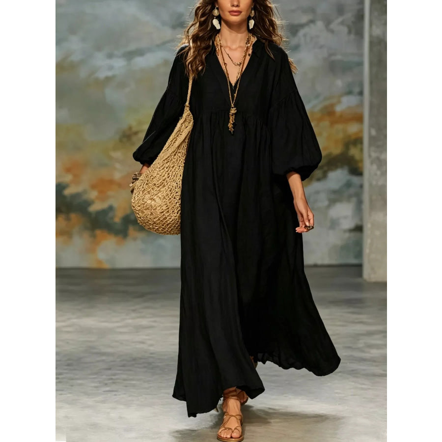 Full Size Notched 3/4 Sleeve Maxi Dress Plus Off-white / S Apparel and Accessories
