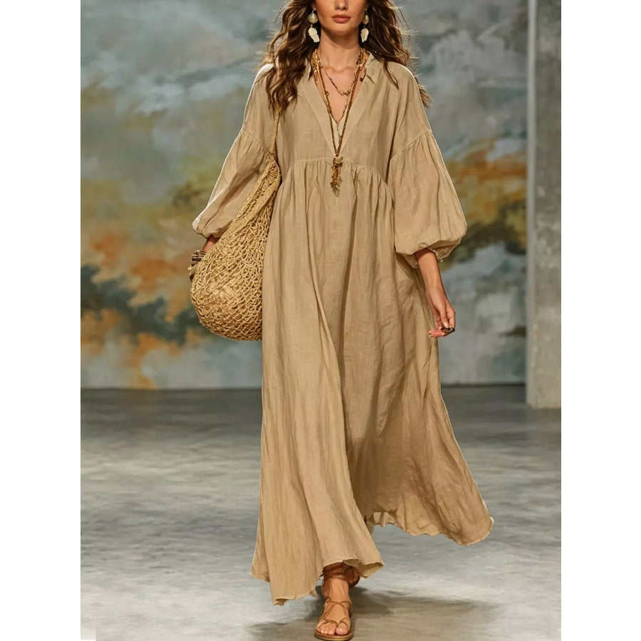 Full Size Notched 3/4 Sleeve Maxi Dress Plus Khaki Color / S Apparel and Accessories