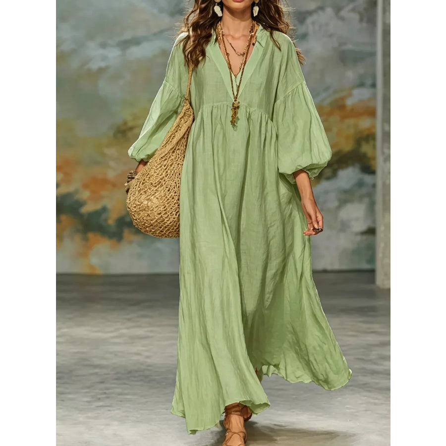 Full Size Notched 3/4 Sleeve Maxi Dress Plus Light Green / S Apparel and Accessories